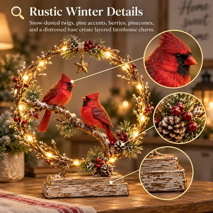 🔥Last Day 60% OFF -Lighted Cardinal Tabletop Decor, Rustic Red Cardinal Pair with Warm LED Lights