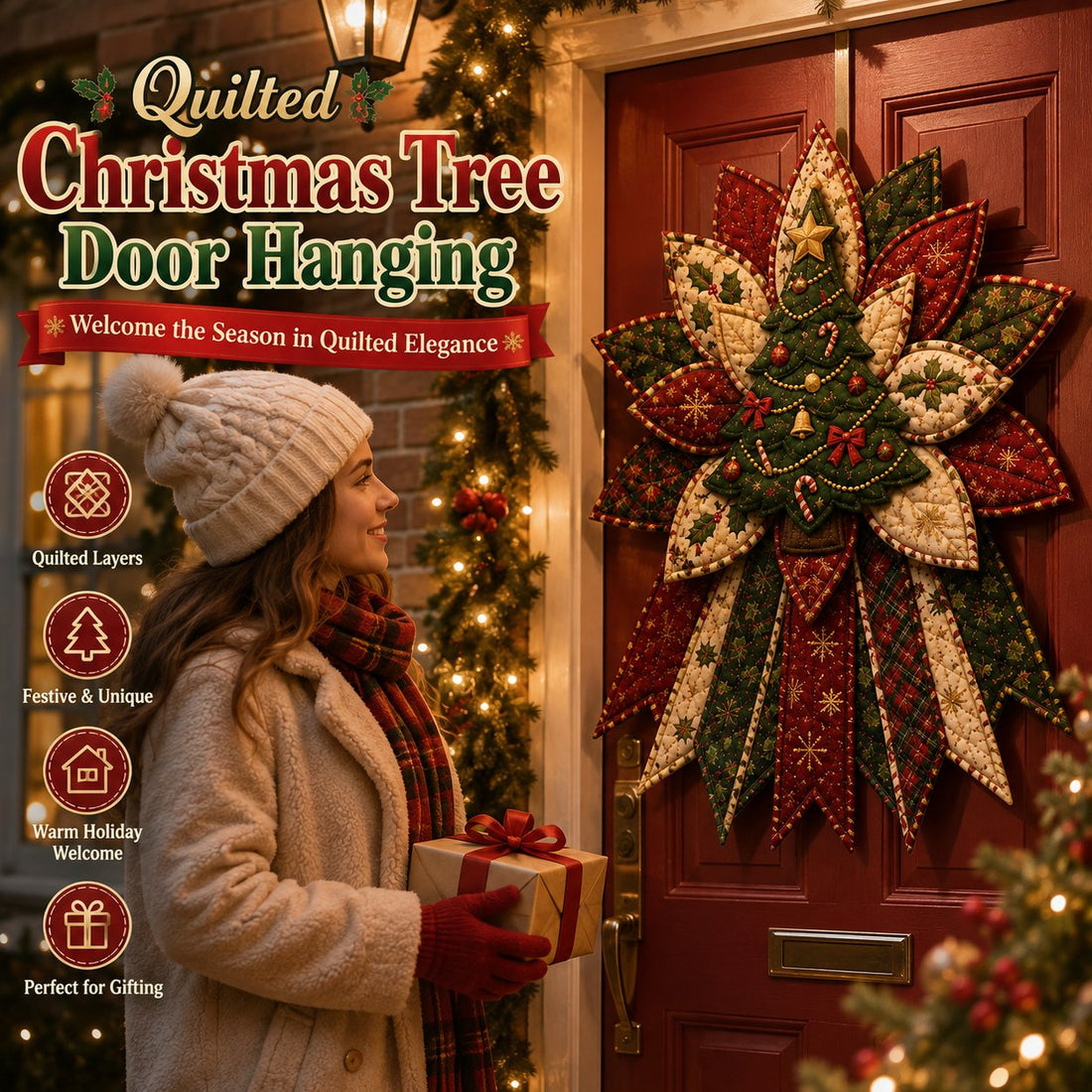 Woman admiring festive quilted Christmas tree door decoration outside a decorated home
