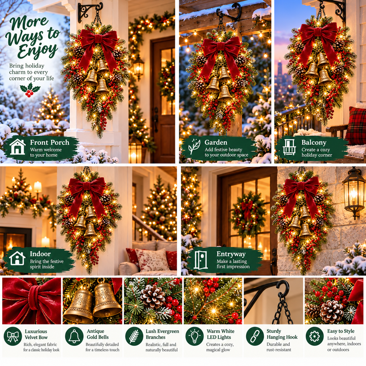🎄 Last Day 50% OFF 🔔 Pre-Lit Christmas Bell Hanging Swag | Warm LED Lights, Vintage Bells & Zero Maintenance 🔔