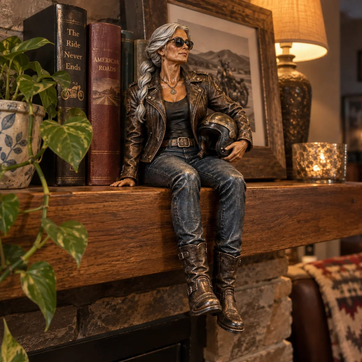 🔥 LAST DAY 50% OFF 🔥🏍️ Old Biker Soul™ – “Women Ride Too” Shelf-Sitter Figurine with Silver Hair, Leather-Look Jacket & Motorcycle Helmet ✨
