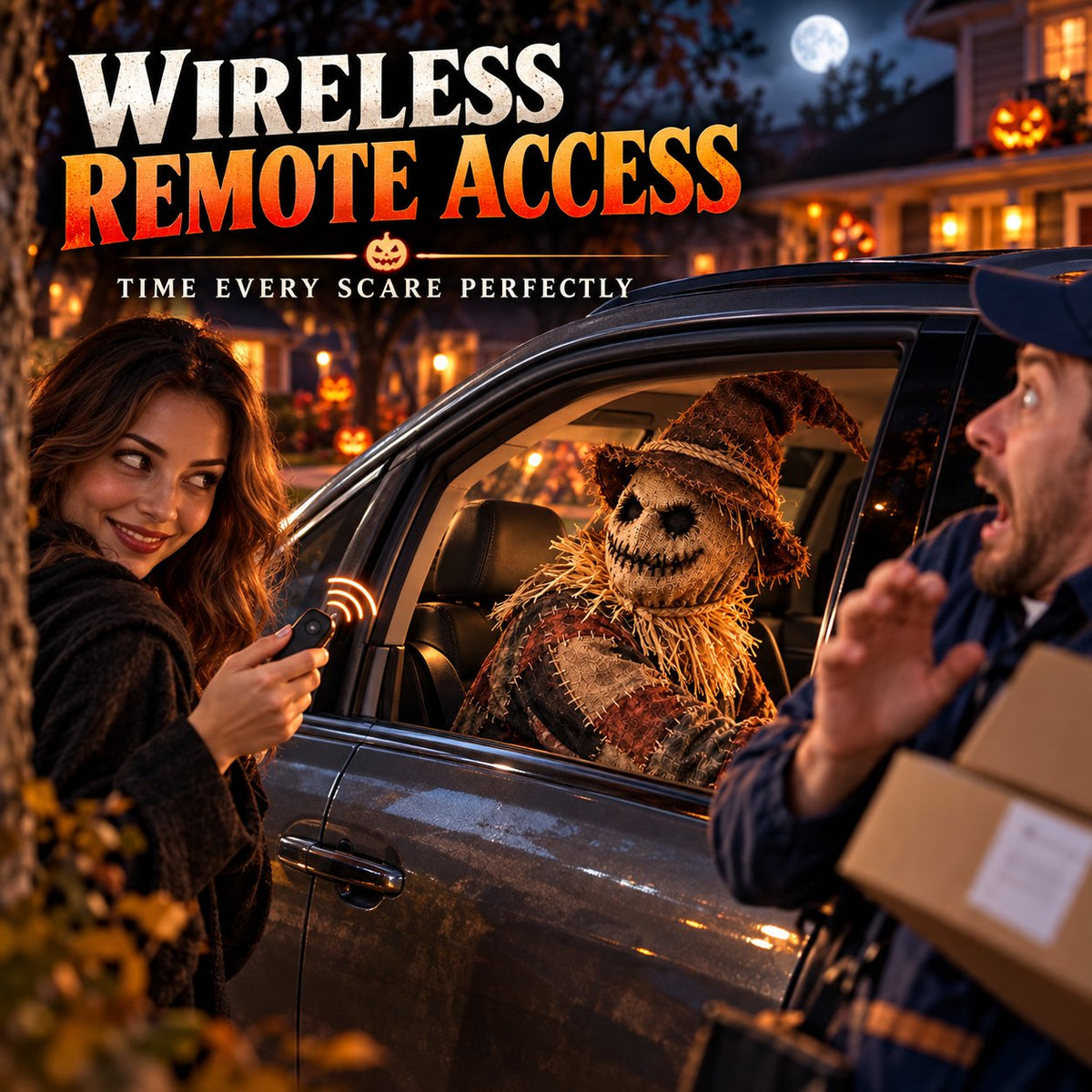 Wireless remote controlling DreadRider scarecrow in parked vehicle