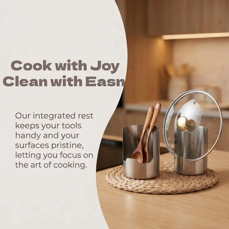 Integrated utensil rest keeps tools off kitchen counter