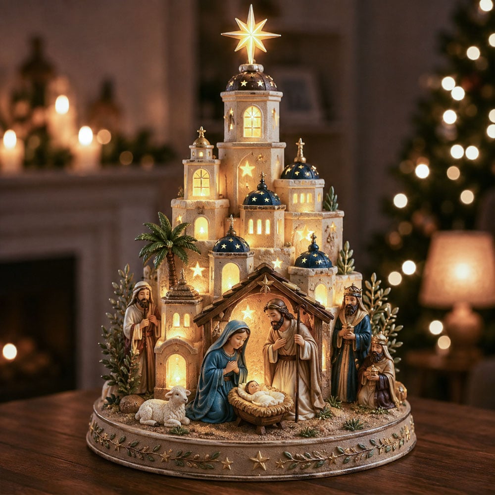 Illuminated Bethlehem Nativity Church Tower