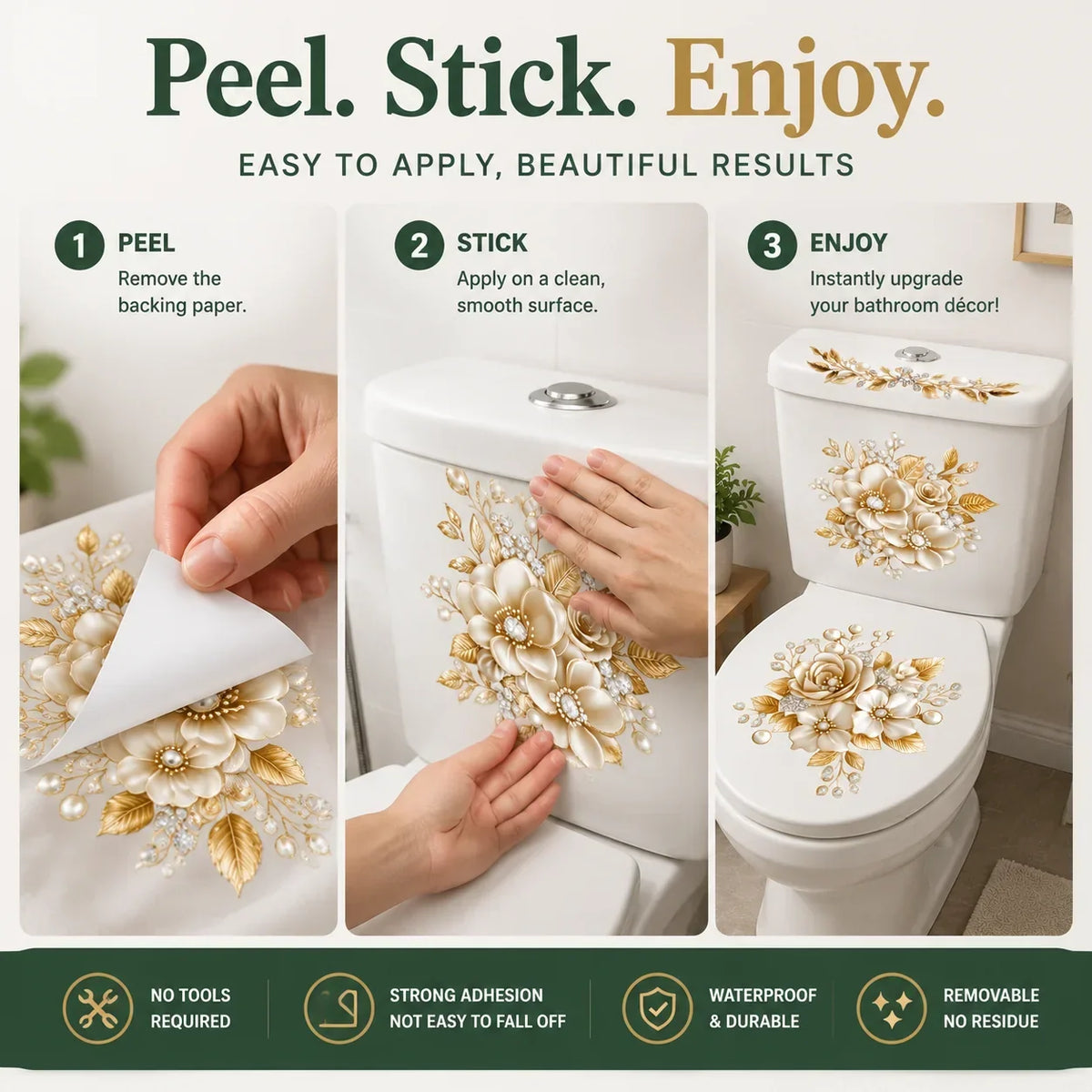 🔥 Limited-Time 49% OFF 🌸3 Piece Golden Floral Toilet Stickers – Pearl-Inspired Bathroom Decals