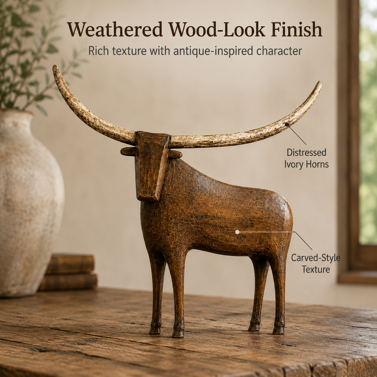 Weathered wood look finish and distressed ivory horns