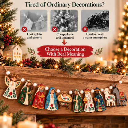 ✝️🎄 Bethlehem Blessings™ – Wooden Nativity Christmas Garland | Hand-Painted Style Jesus, Mary & Three Wise Men Hanging Decor for Mantel & Staircase ❤️