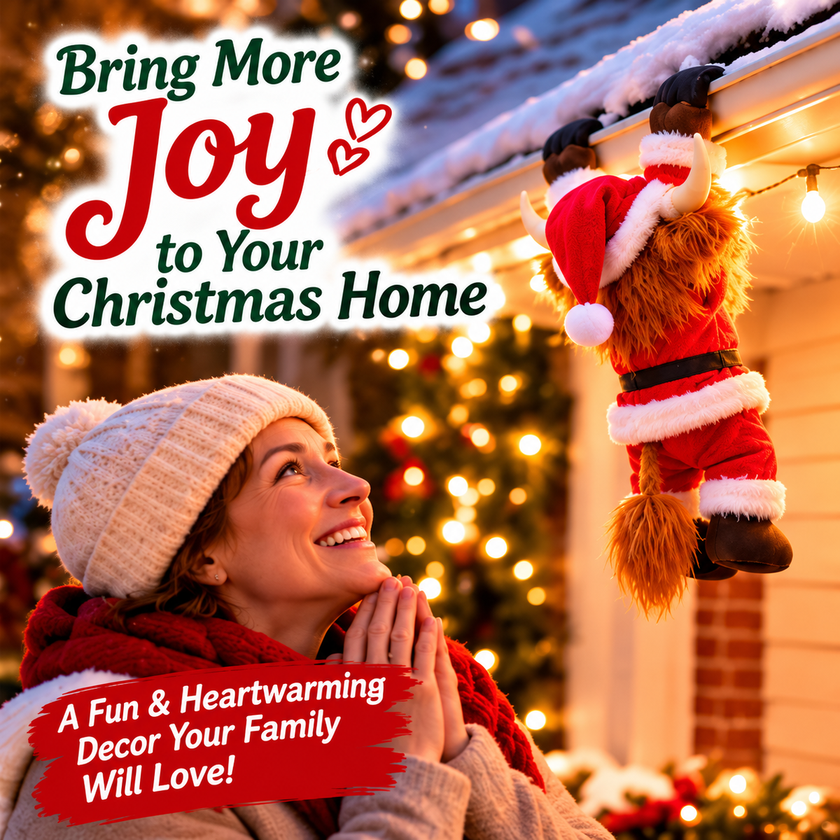Woman enjoying the climbing Highland Cow Christmas decoration