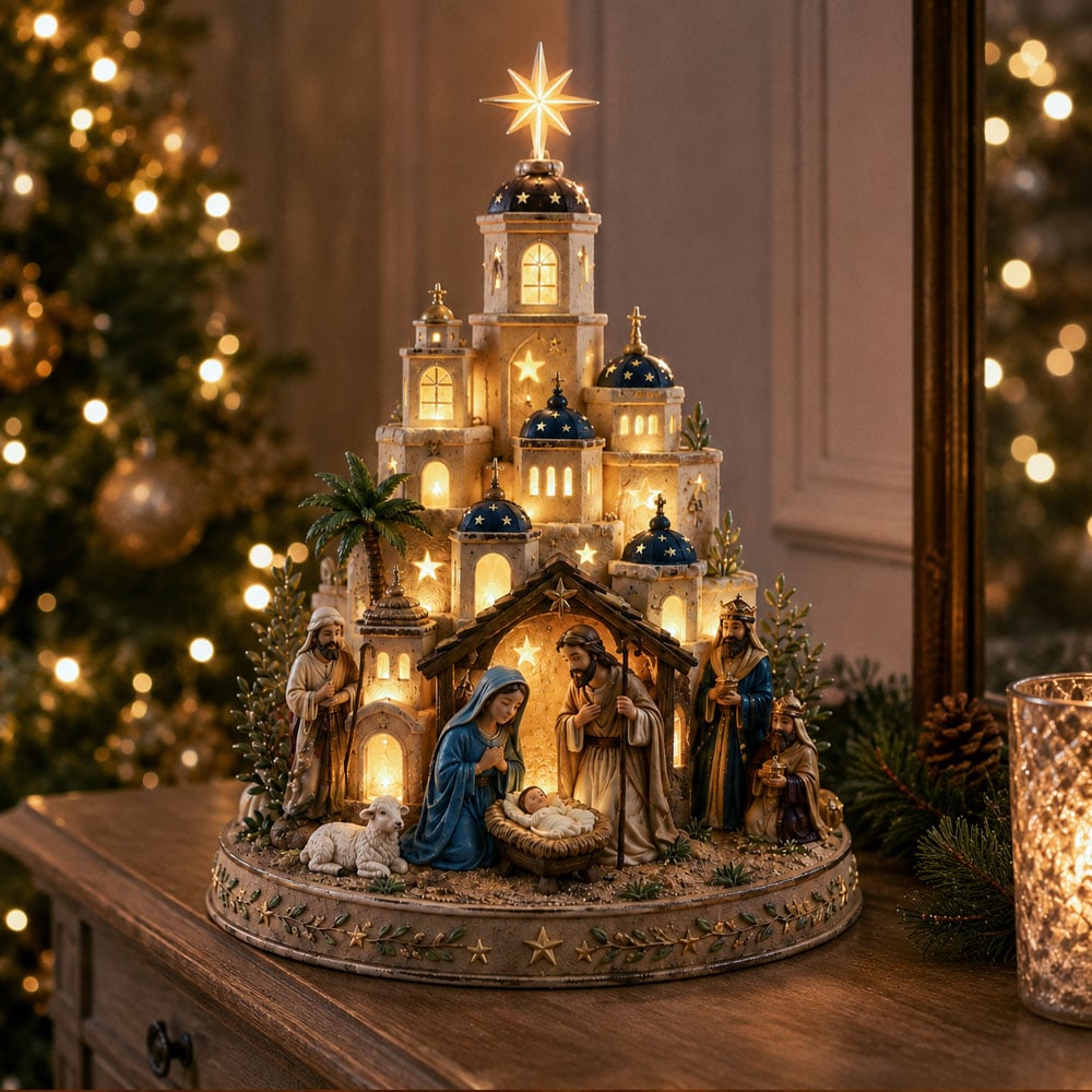Nativity centerpiece beside Christmas tree