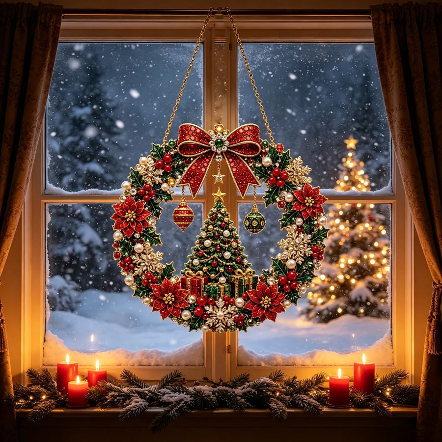 Handmade wreath hanging at Christmas window