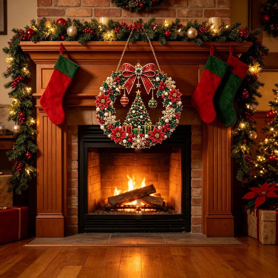 Christmas diamond wreath near festive fireplace