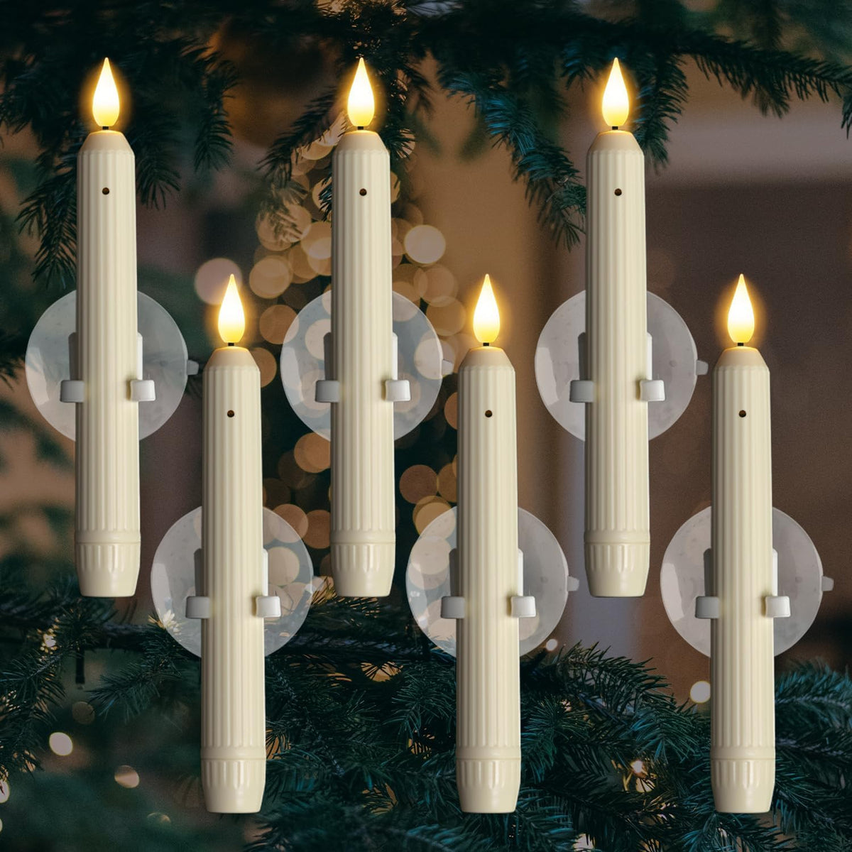 Six ivory fluted flameless window candles with suction cup holders and warm LED flames