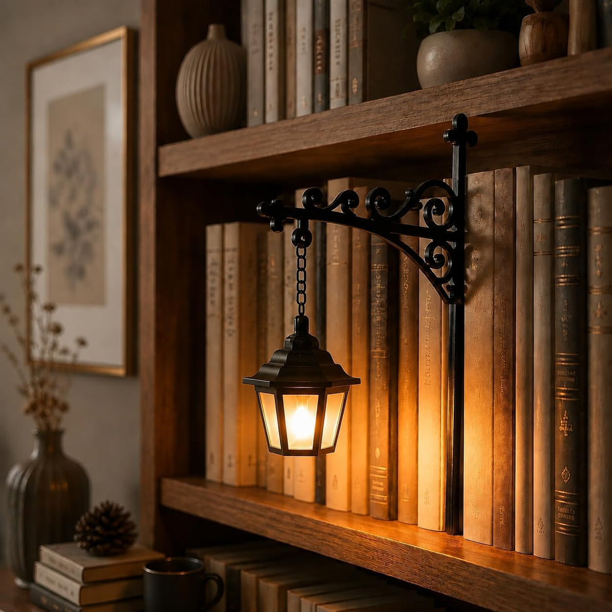 Library Lantern glowing between books on a wooden bookshelf