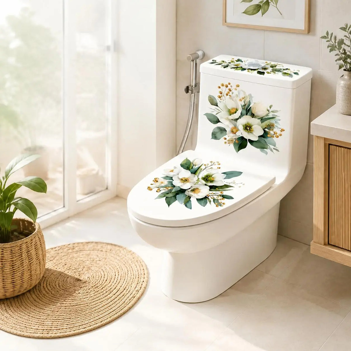 🔥 Limited-Time 49% OFF 🌸3 Piece Golden Floral Toilet Stickers – Pearl-Inspired Bathroom Decals