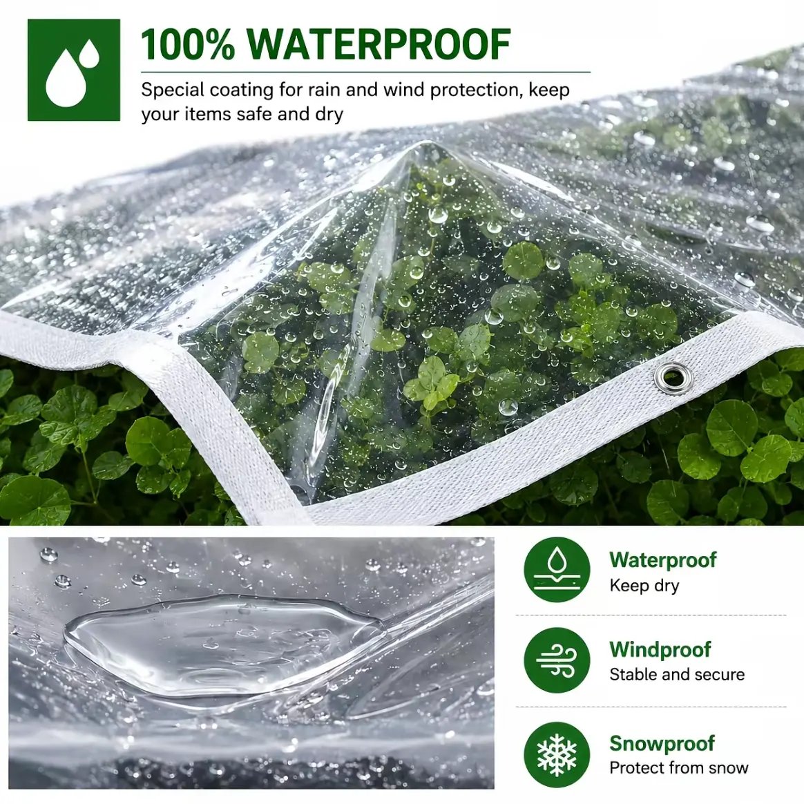Water beading on transparent outdoor tarp covering plants