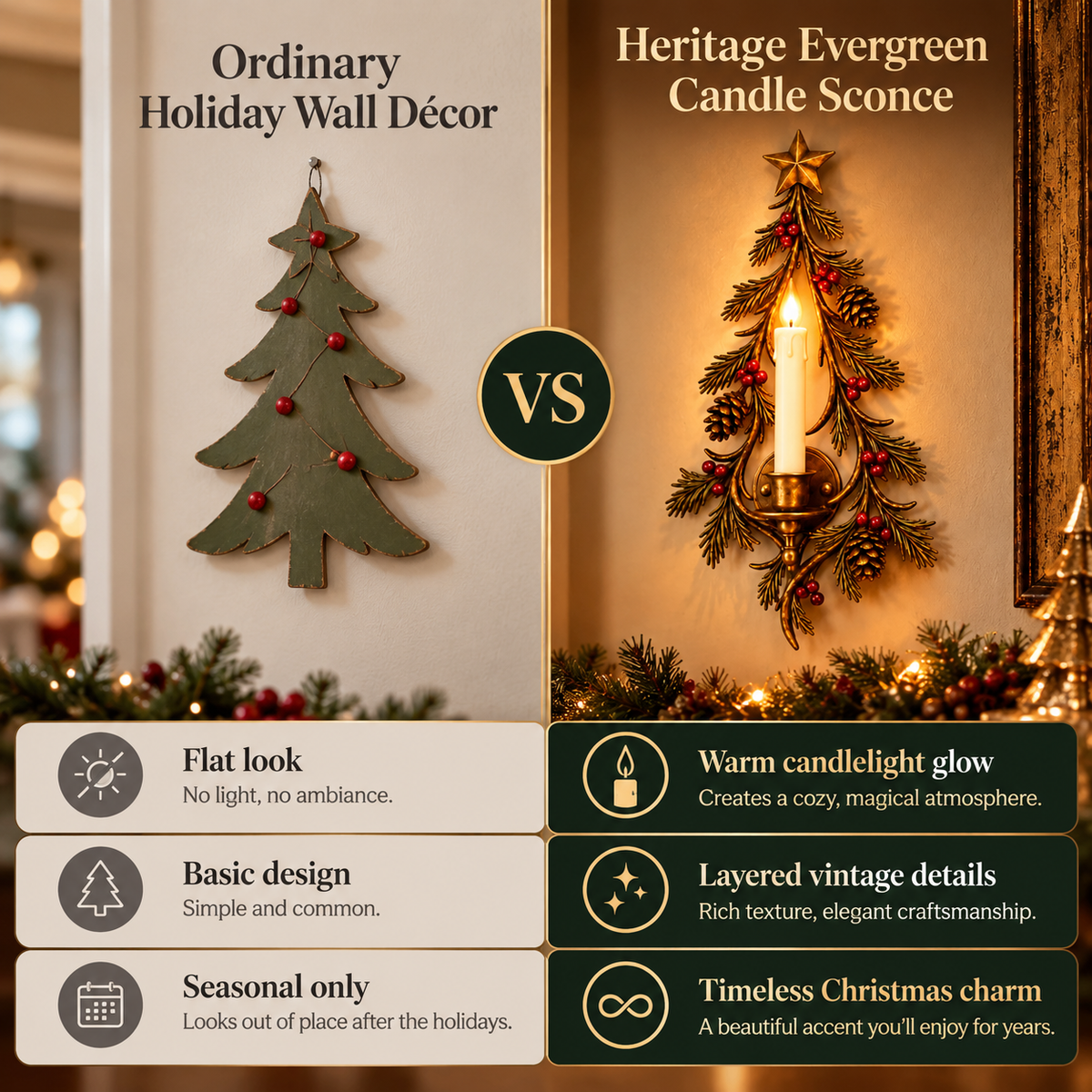 🎄 Heritage Evergreen Candle Sconce™ – Vintage Christmas Wall Glow