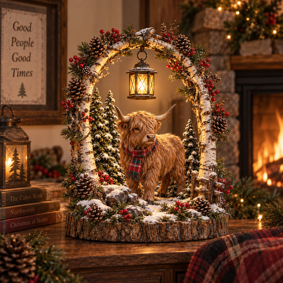 🦬 Highland Cow Christmas Woodland Lantern Decor 🎄 – Rustic Lighted Farmhouse Winter Tabletop Decoration 🎁