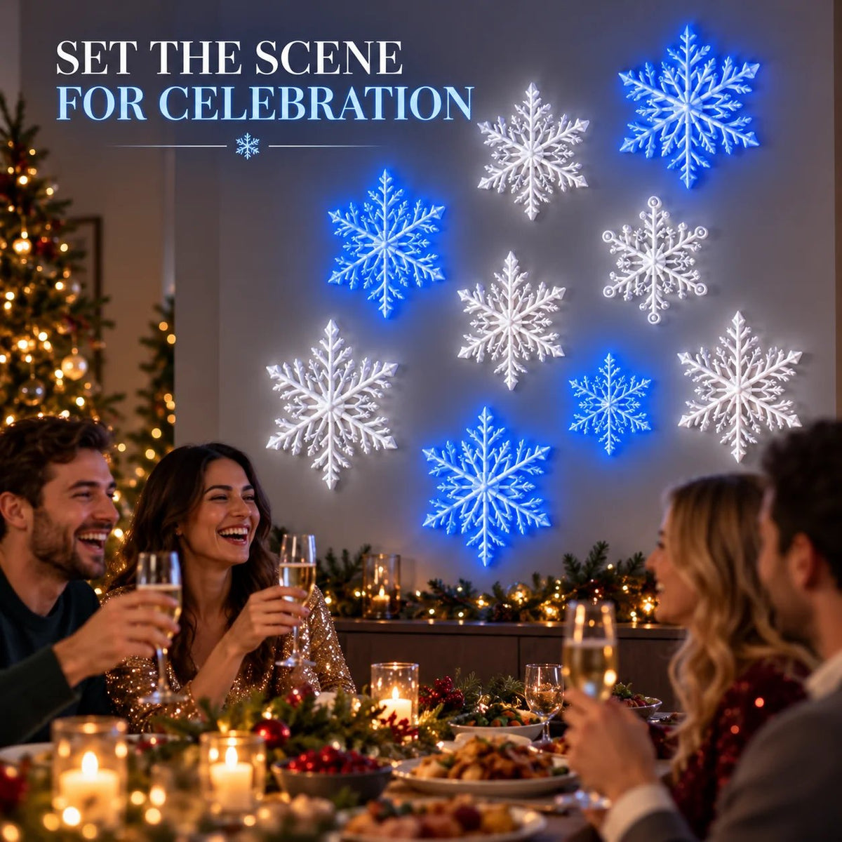 Snowflake lighting arranged as a winter wall display