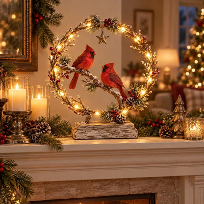 🔥Last Day 60% OFF -Lighted Cardinal Tabletop Decor, Rustic Red Cardinal Pair with Warm LED Lights
