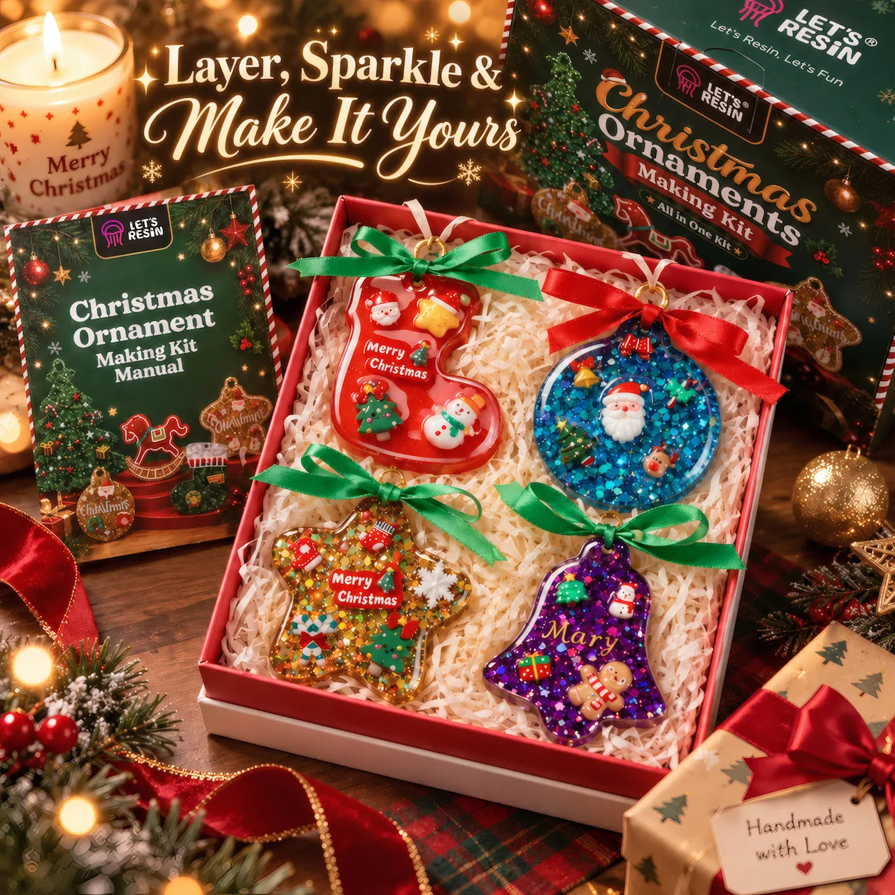 Handmade Christmas resin ornaments presented as festive gifts