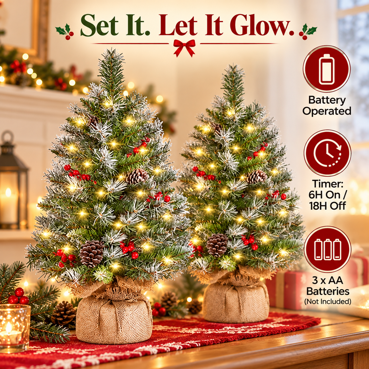 🎄 CozyGlow™ – Set of 2 Pre-Lit Frosted Christmas Trees ✨