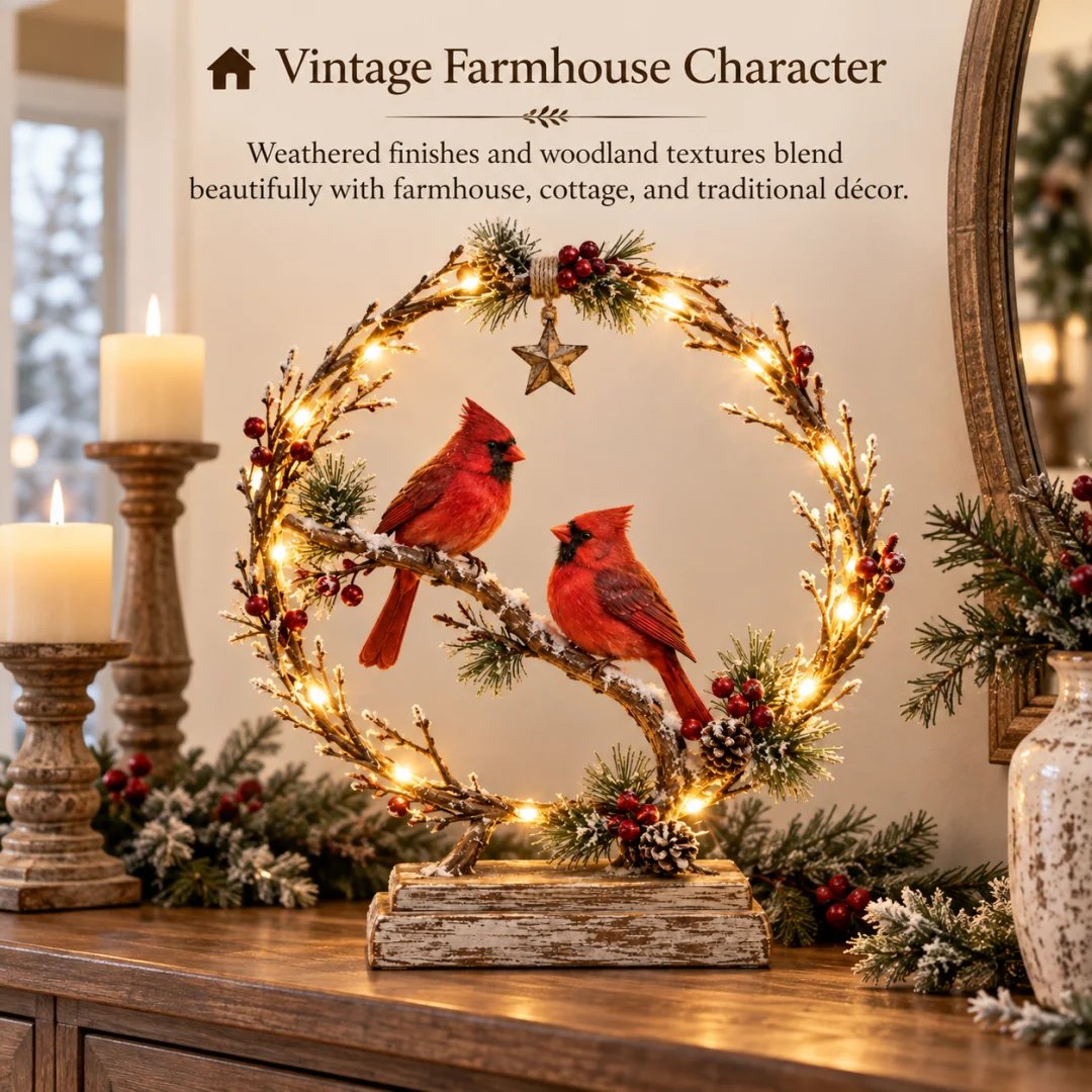 🔥Last Day 60% OFF -Lighted Cardinal Tabletop Decor, Rustic Red Cardinal Pair with Warm LED Lights