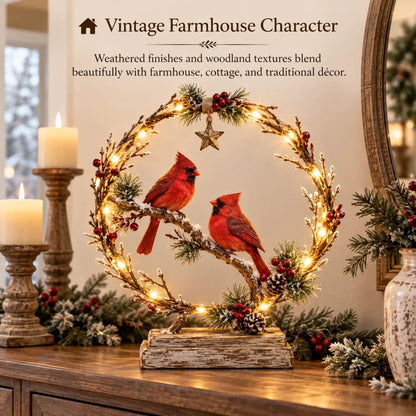 🔥Last Day 60% OFF -Lighted Cardinal Tabletop Decor, Rustic Red Cardinal Pair with Warm LED Lights