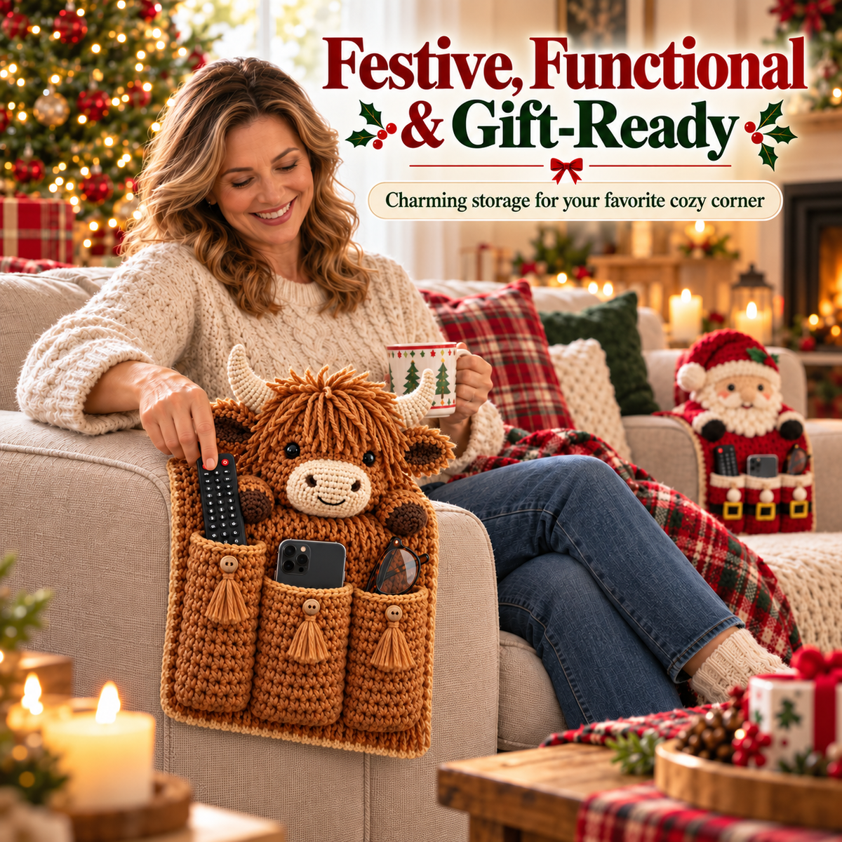 🎄 Cozy Critters™ Crochet Sofa Armrest Organizer – Cute Christmas Remote, Phone & Glasses Storage Holder