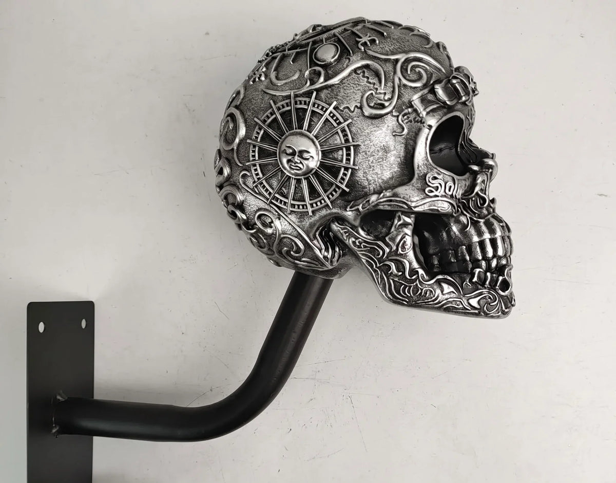 Skull helmet holder in garage