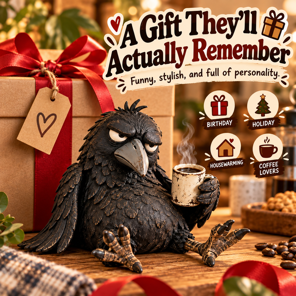 🖤 Rustic Vintage Raven Figurine with Coffee Mug – Grumpy Crow Farmhouse Tabletop Decor