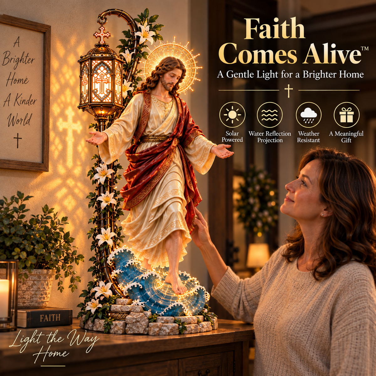 Woman beside Walk by Faith Jesus reflection light for scale