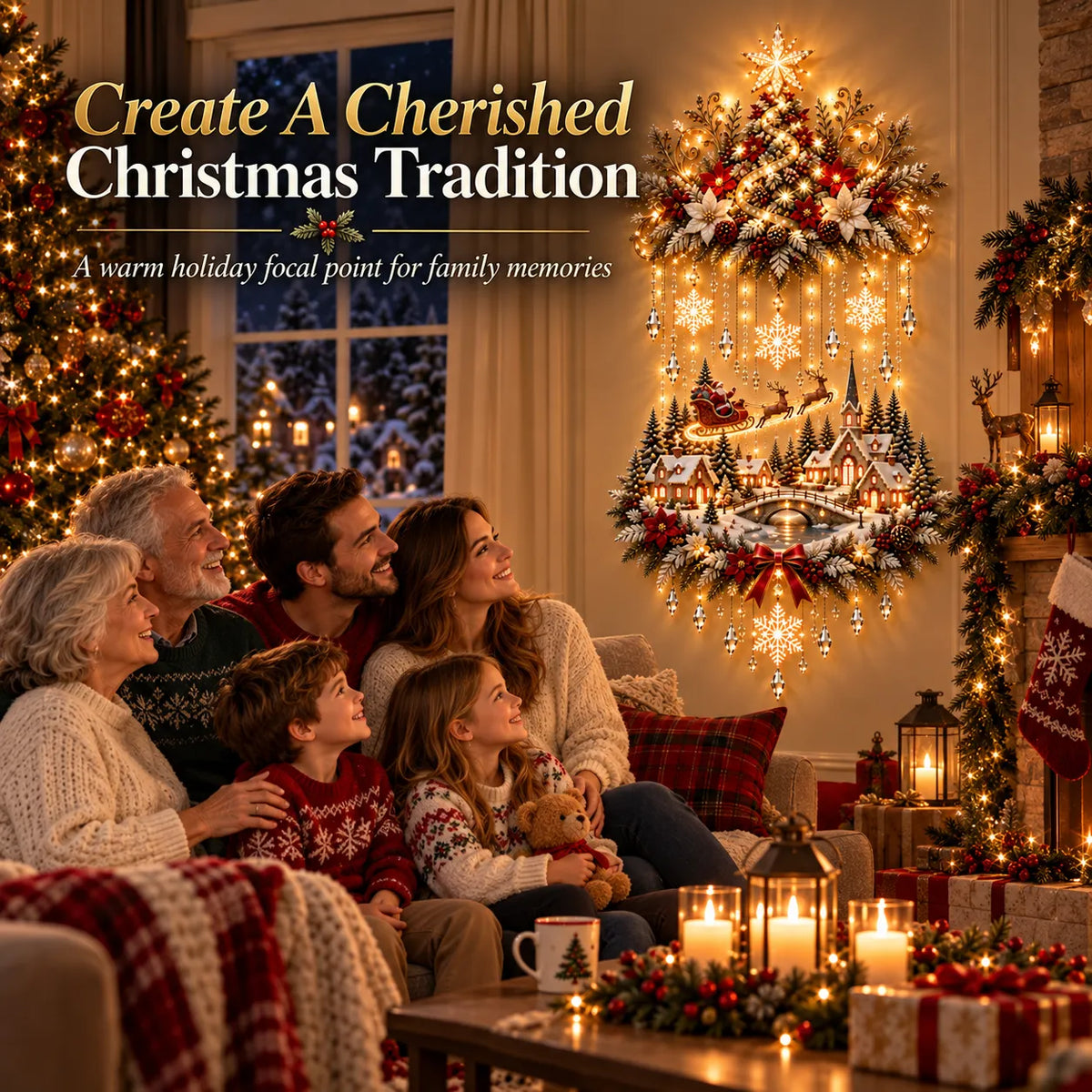 Family enjoying illuminated Christmas village wall hanging