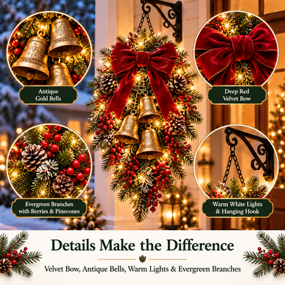 🎄 Last Day 50% OFF 🔔 Pre-Lit Christmas Bell Hanging Swag | Warm LED Lights, Vintage Bells & Zero Maintenance 🔔