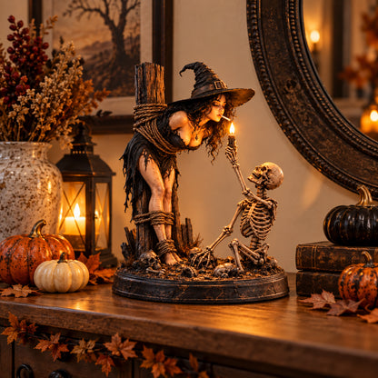 🎃 LIMITED-TIME 50% OFF | Witch’s Last Light™ – Gothic Witch & Skeleton Candle Scene Halloween Decor
