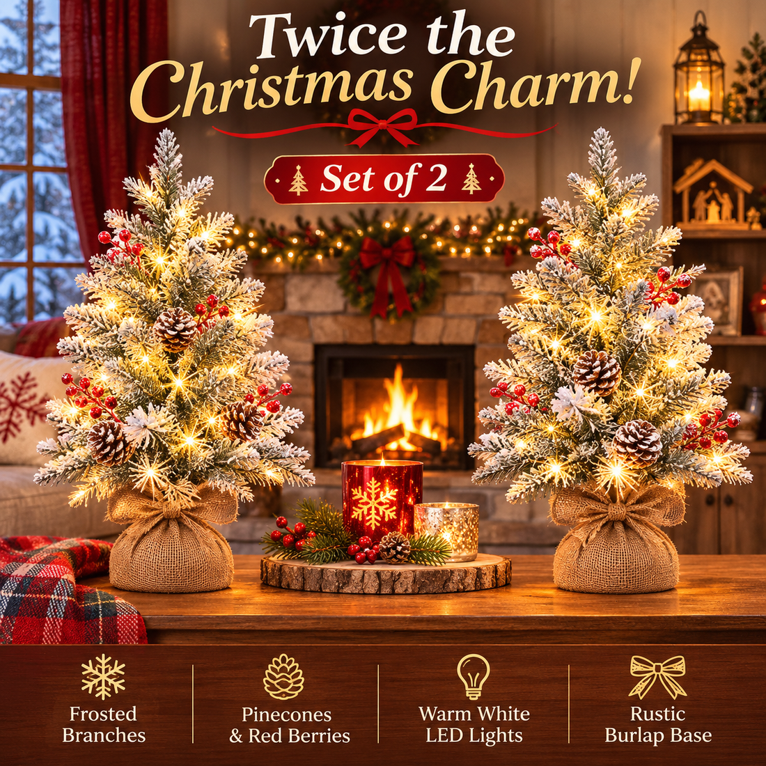 Set of two frosted pre-lit tabletop Christmas trees
