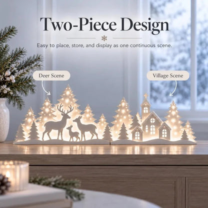 🦌 LED-Weihnachtsdekoration mit Rehen und Dorfmotiv für das Fenster | 2-teiliges beleuchtetes Set
