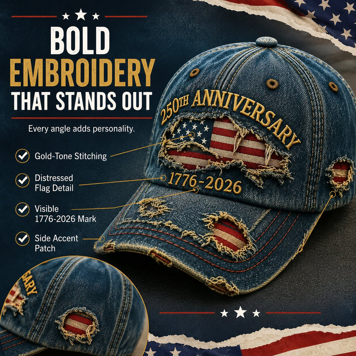 🔥 Limited-Time 49% OFF | 🇺🇸 America 250™ 1776–2026 Distressed Denim Baseball Cap – Heritage Edition 🧢