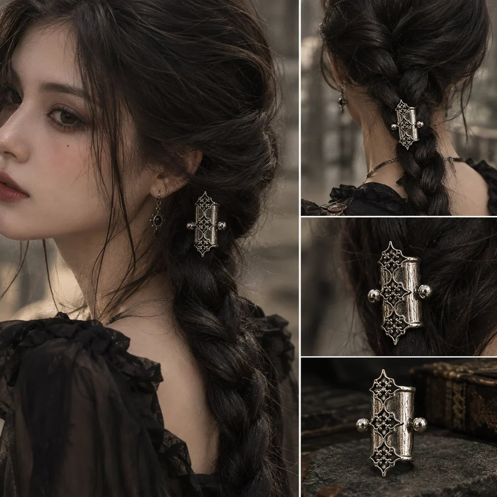 Woman wearing gothic silver braid cuff with a dark romantic outfit