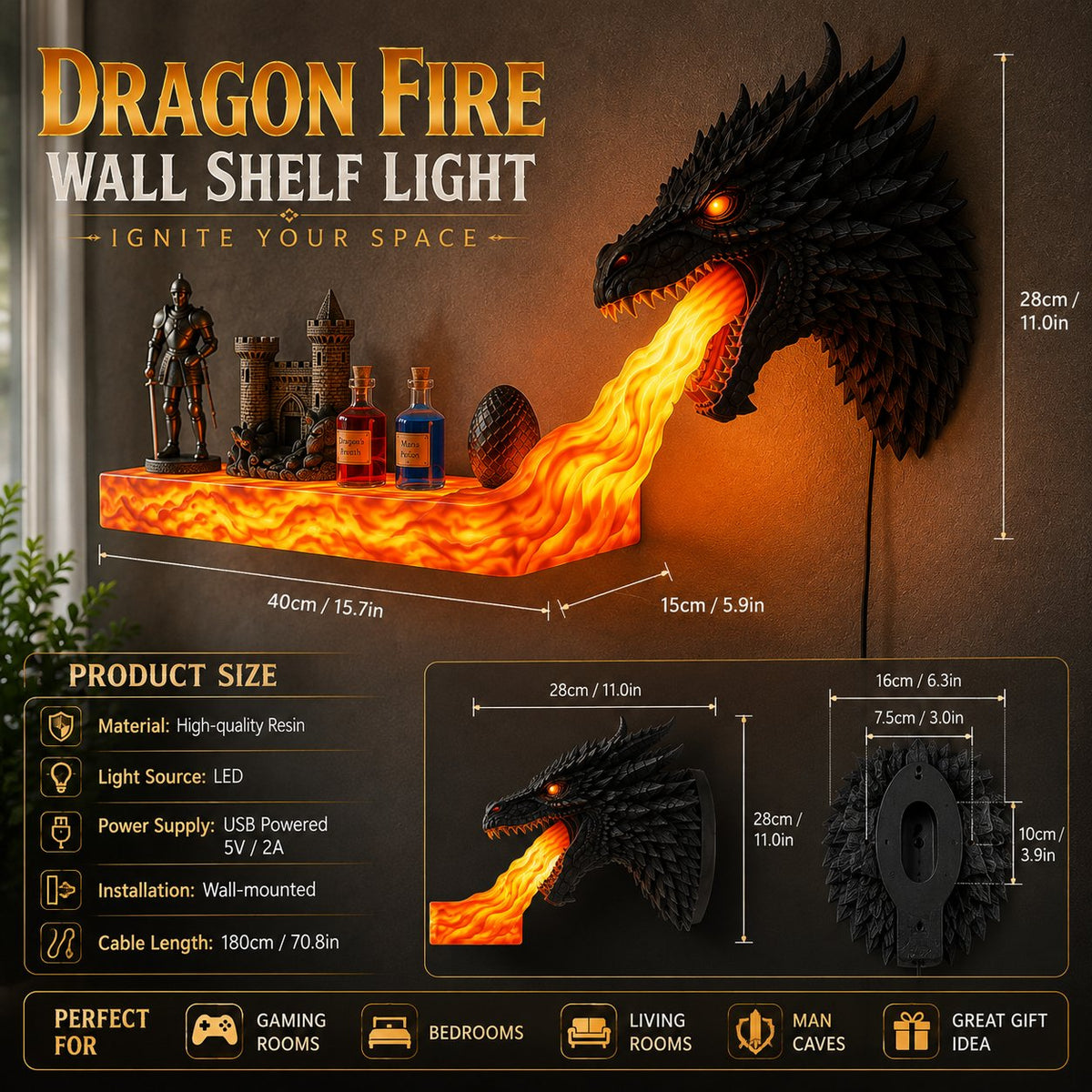 Remote controlled dragon wall shelf light