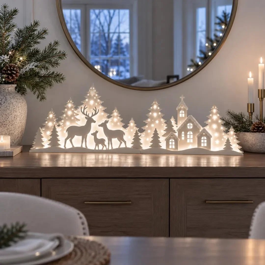 🦌 LED-Weihnachtsdekoration mit Rehen und Dorfmotiv für das Fenster | 2-teiliges beleuchtetes Set