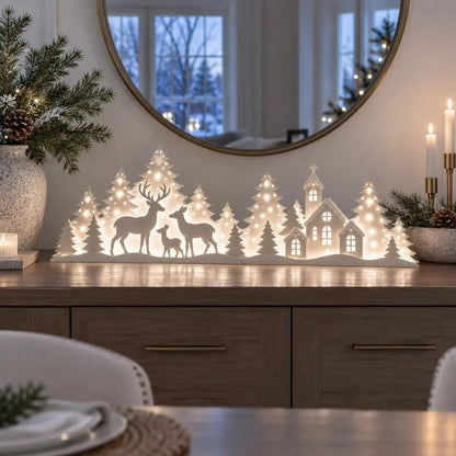 🦌 LED-Weihnachtsdekoration mit Rehen und Dorfmotiv für das Fenster | 2-teiliges beleuchtetes Set