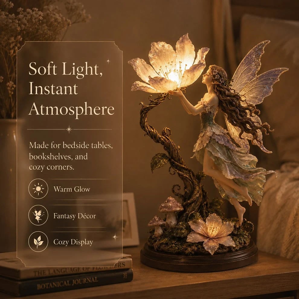 Glowing fairy garden sculpture on bedside table