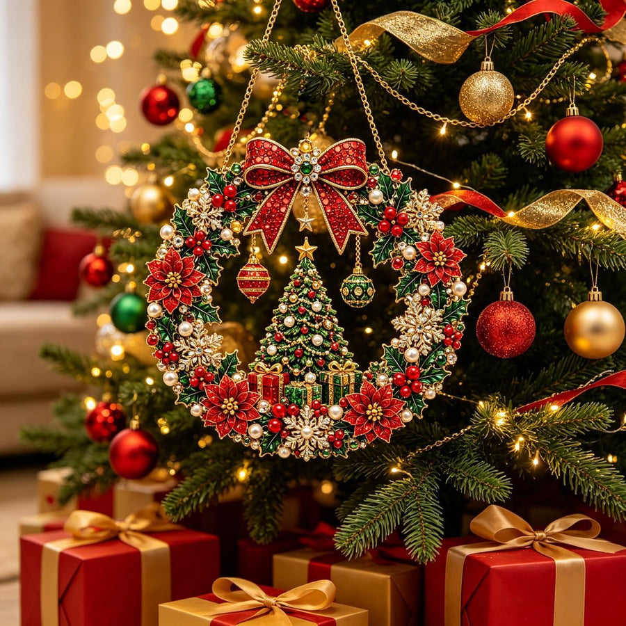 Handmade diamond wreath near a decorated Christmas tree