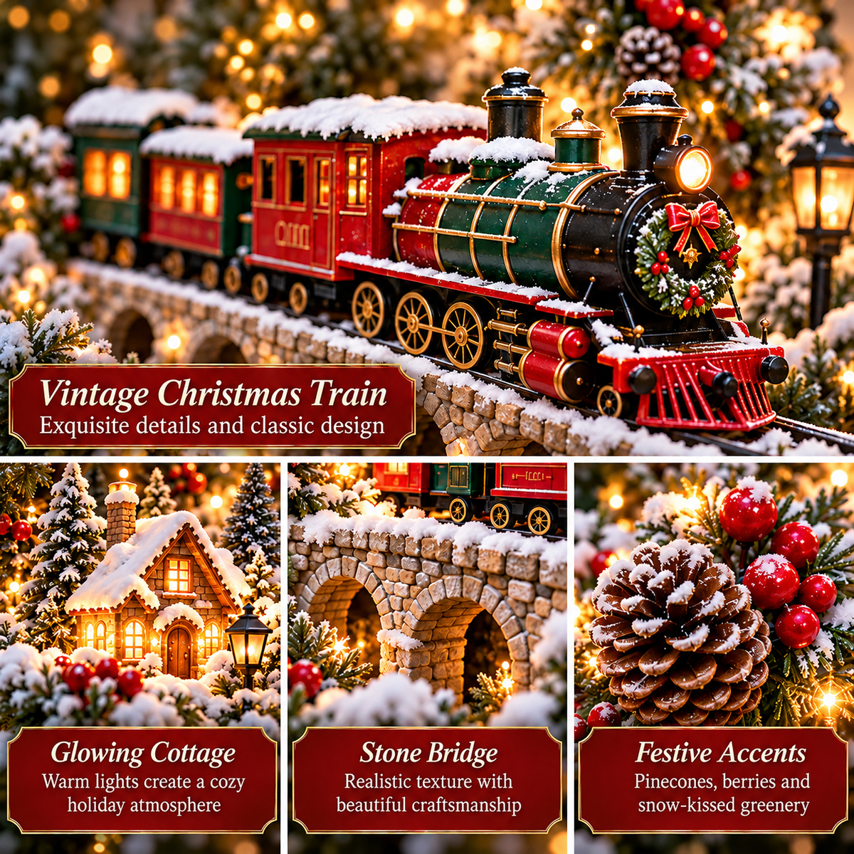 Detail image of Christmas Homebound Express with locomotive closeup, glowing cottage, stone bridge, pinecones and red berry accents