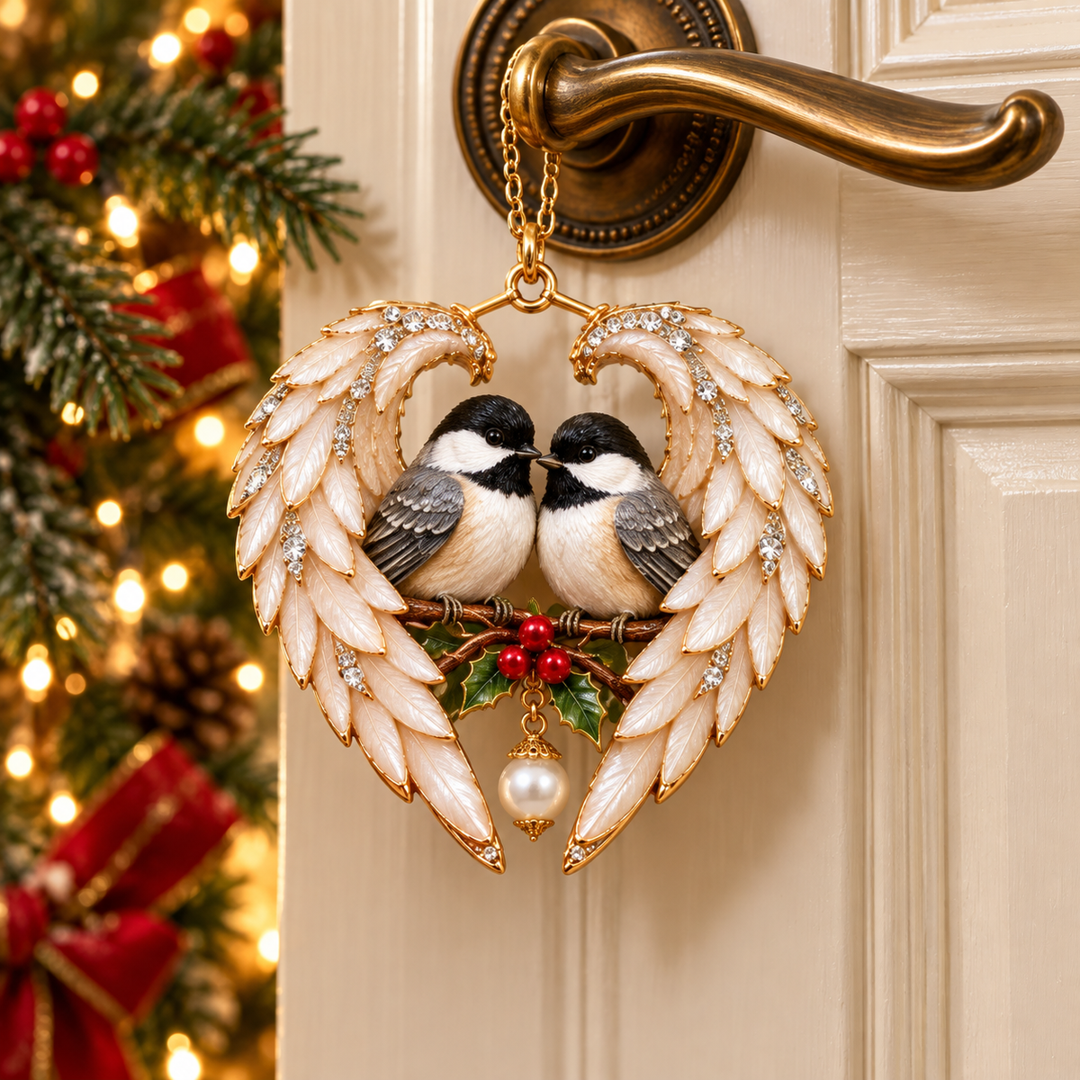 Chickadee Angel Wing Christmas Ornament hanging on door