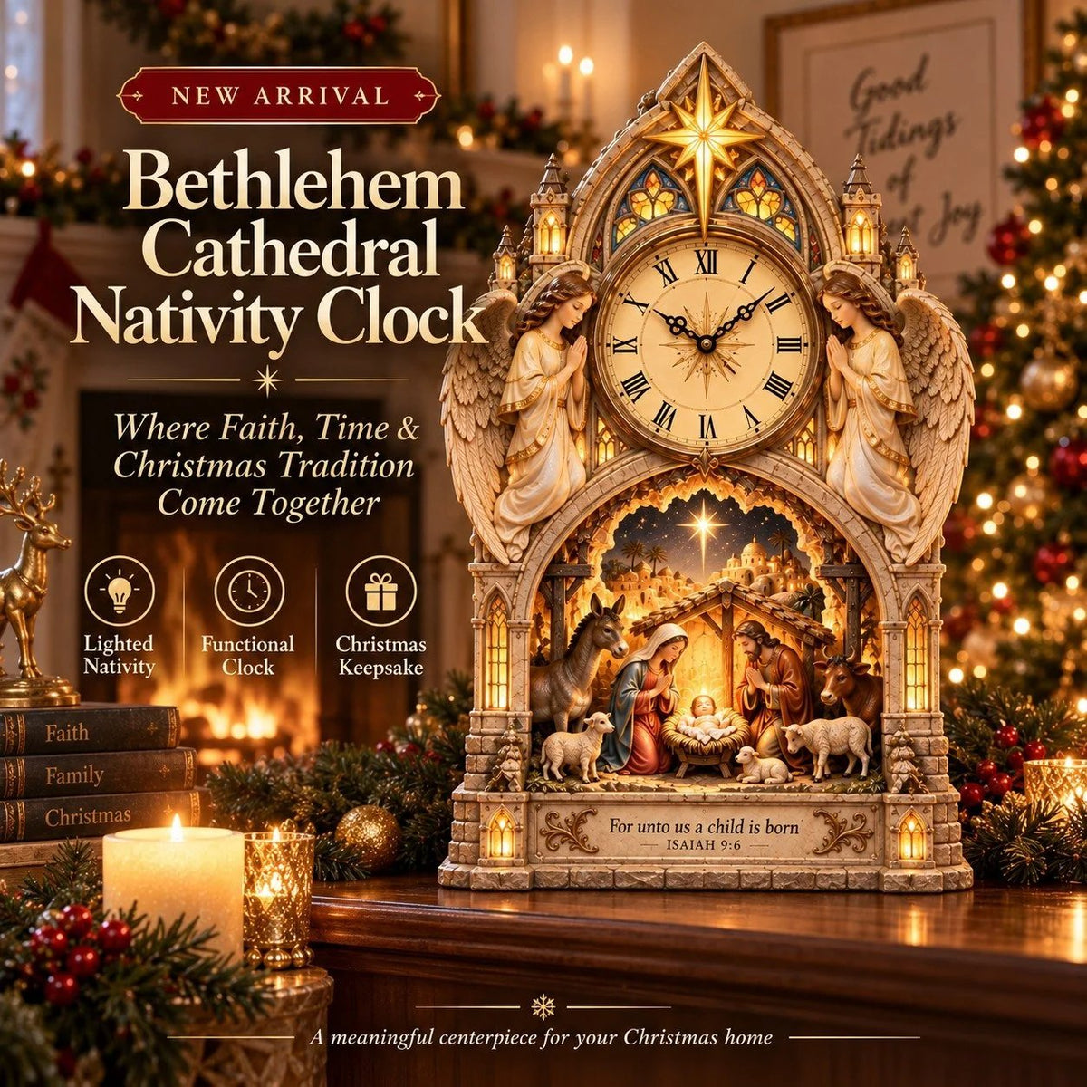 Bethlehem Cathedral Nativity Clock with Roman numeral face, angels and illuminated Christmas Nativity