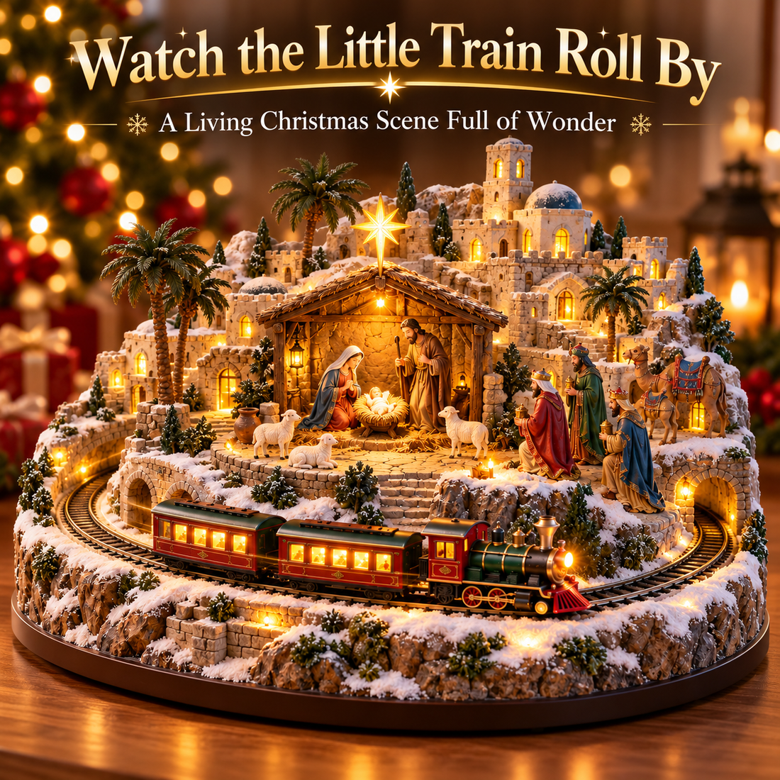 Christmas train railway surrounding Bethlehem nativity display