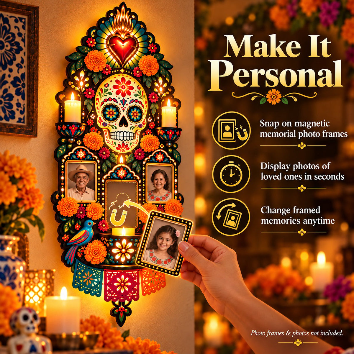 Personalize Día de los Muertos memorial wall light with magnetic photo frames