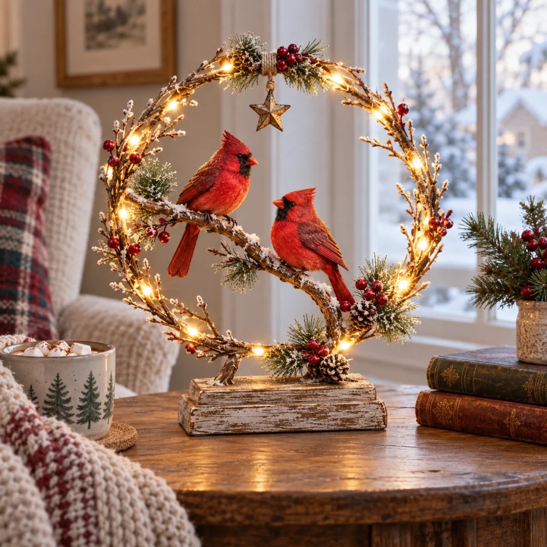 🔥Last Day 60% OFF -Lighted Cardinal Tabletop Decor, Rustic Red Cardinal Pair with Warm LED Lights