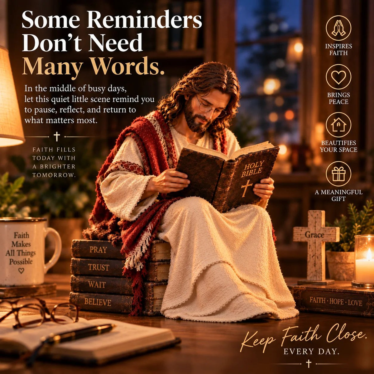 Jesus Bible figurine desk shelf prayer corner decor