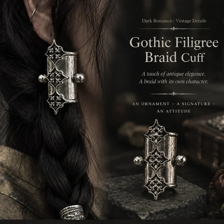 Gothic filigree hair cuff worn on braid with standalone product view